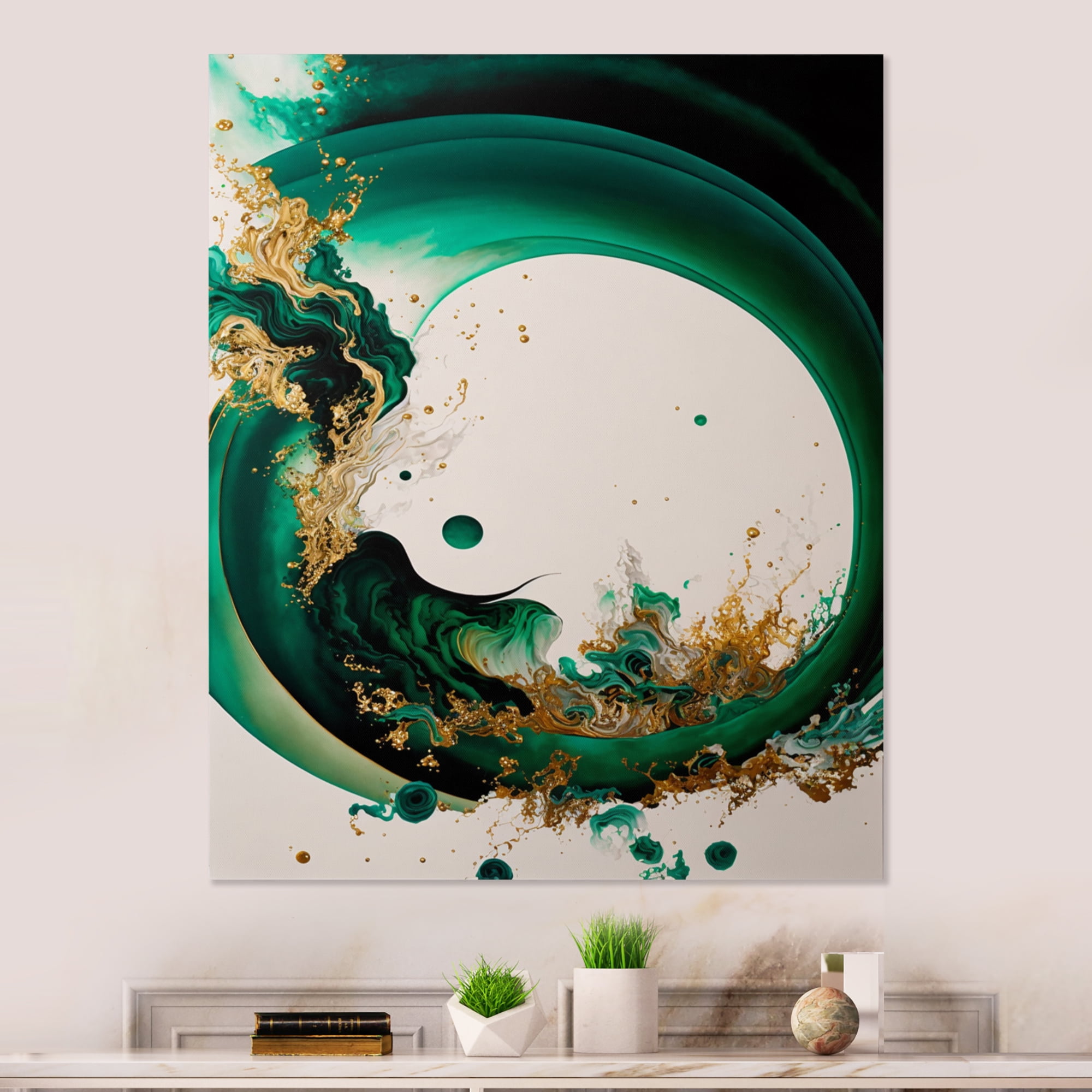 Designart Emerald Green And Gold Abstract Waves II Canvas Wall Art