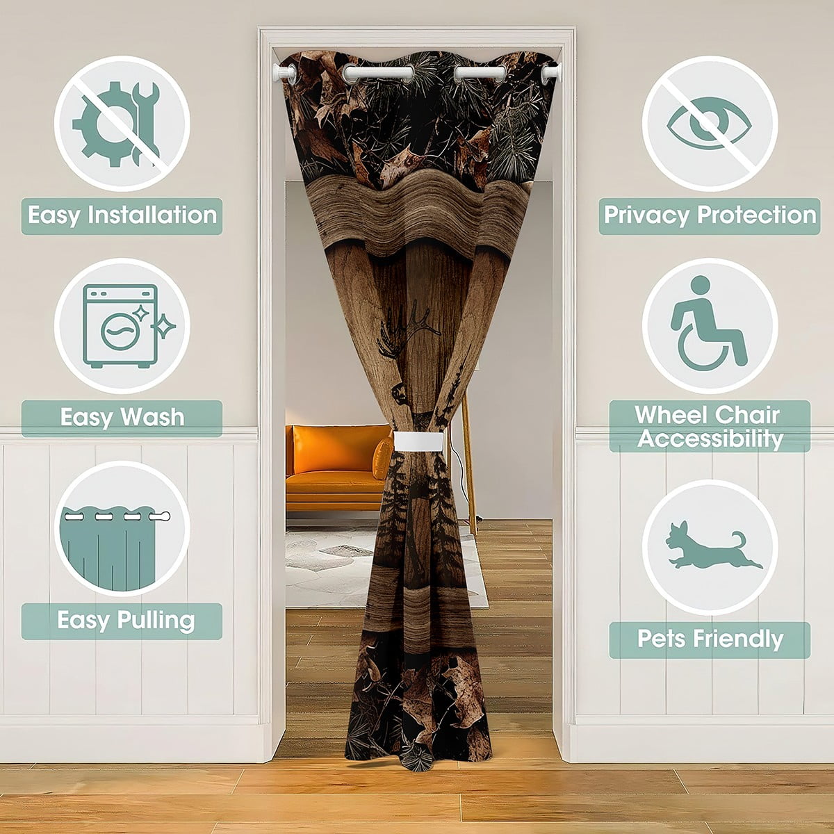 Woodland Moose Elk Deer Blackout Curtain 42"W X 80"L for Bedroom,Hunting Animal Door Curtain for Doorway Privacy,Farmhouse Countryside Cabin Room Divider Curtain,Camo Leaves Door Drape
