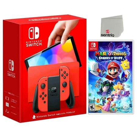 Nintendo Switch OLED Mario Red Edition + Mario + Rabbids Sparks of Hope + Sentriq Screen Cleaner - Japan Import with US Plug