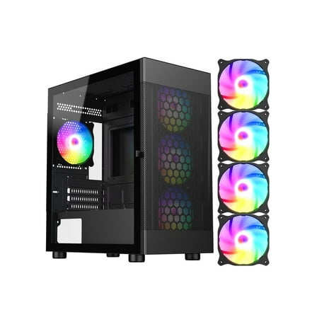 DIYPC ARGB-G5-BK Black USB3.0 Tempered Glass Micro ATX Gaming Computer Case w/ 4 x ARGB Fans (Pre-Installed), Support 360mm AIO