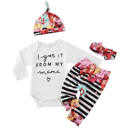 

0-18M Girls Romper Tops Flower Pants Hat Hairband Baby Girls Sets Spring Autumn Long Sleeve Fashion 4pcs Casual Suit