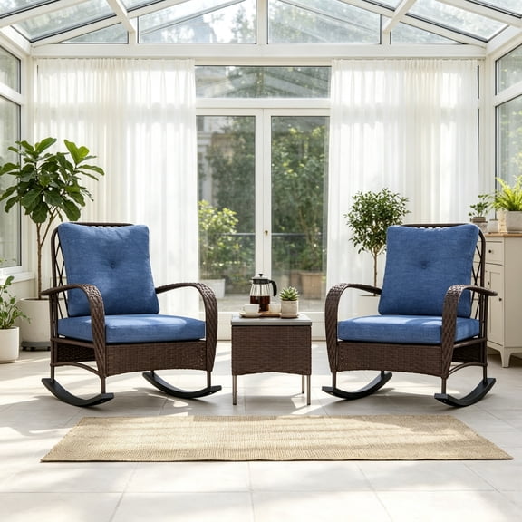 3-Piece Wicker Patio Furniture Set, Outdoor PE Rattan Rocking Chairs with Coffee Table & Plush Cushions, Brown