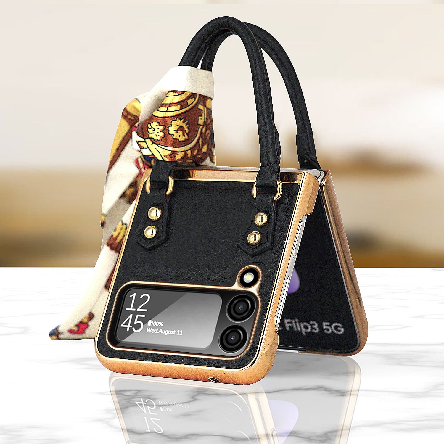 Elegant classic leather folding phone case for Samsung Galaxy Z Flip 4 with silk scarf portable hand holder plating back cover