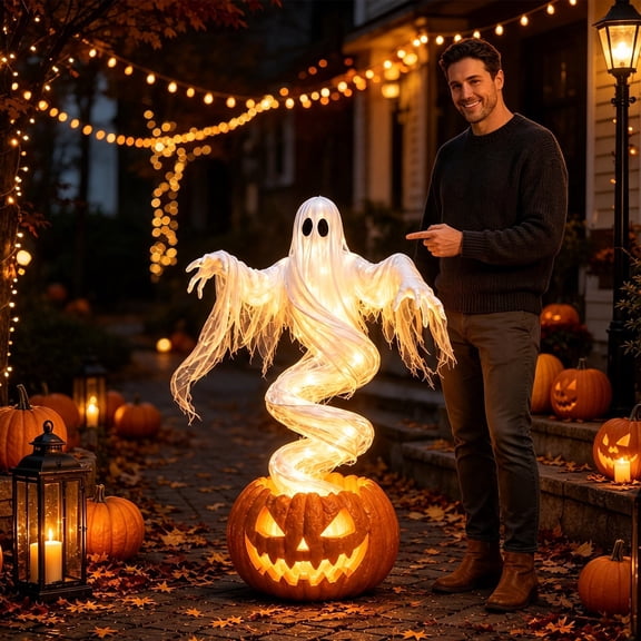 Glow in the Dark Ghost Pumpkin Desktop Ornament Illuminated Figurine for Home Halloween Decoration Night Light Decor
