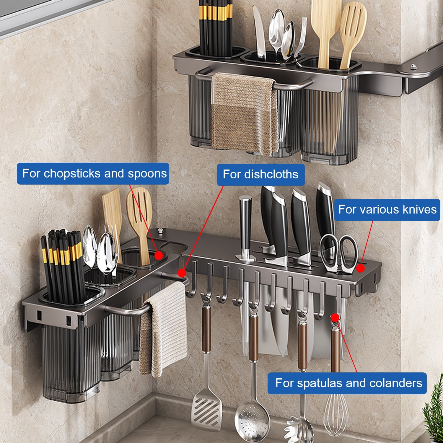 BTideas Wall Mounted Knife Holder,Rotate 90° Knife Organizer with 10 Hooks,Kitchen Utensil Organizer