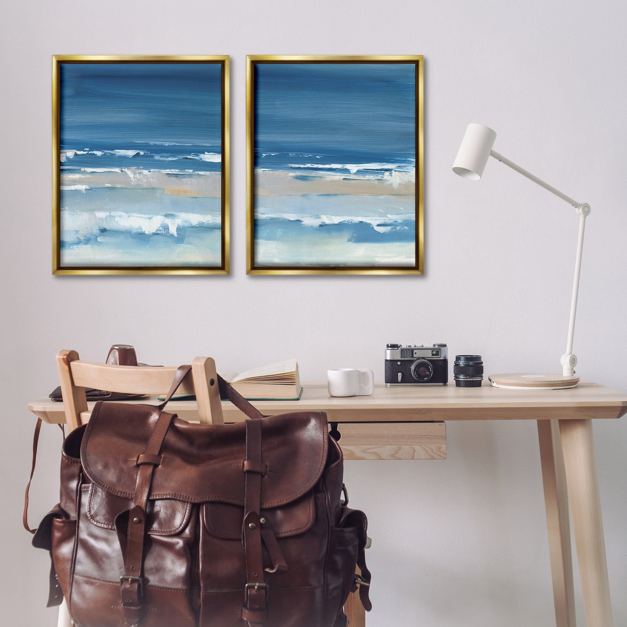 Stupell Industries Crashing Beach Wave Shore Nature Painting Gold Floater Framed Canvas Art Print Wall Art, 25 x 31, Set of 2