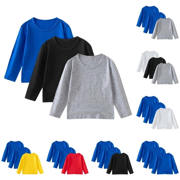 Ulanda 3 Pack Toddler Girls Cotton Long Sleeve T-Shirt Crewneck Solid Color Boys Kids Soft Basic Tees for 1-11 Years (Black, 6-7 Years)