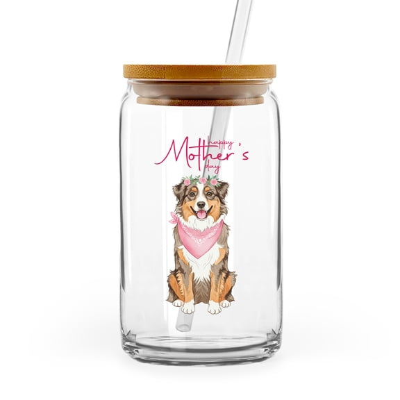 Happy Mother's Day Australian Shepherd Love Dog Mom Heart Flower 16oz Glass Cup Mug Aussie Dog Lover Gifts Glass Can with Bamboo Lid and Straw - 12004