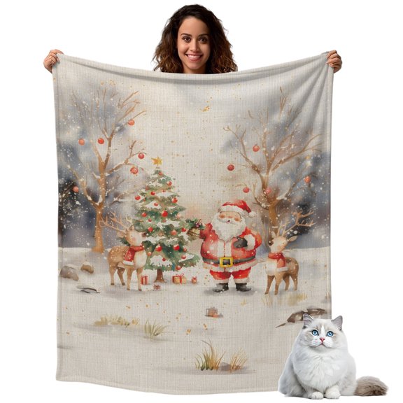 Throw Blanket for Couch, Santa Claus Elk Christmas Tree Winter Snowflakes Soft Cozy Warm Flannel Blanket 30x40in, Vintage Linen Lightweight Fleece Throw Blankets for Sofa Bedroom Office