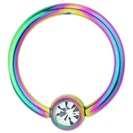 Flat Ring Cbr - 14g 1/2 Inch Surgical Steel Rainbow IP Plated Jeweled Captive Bead CBR Hoop Ring