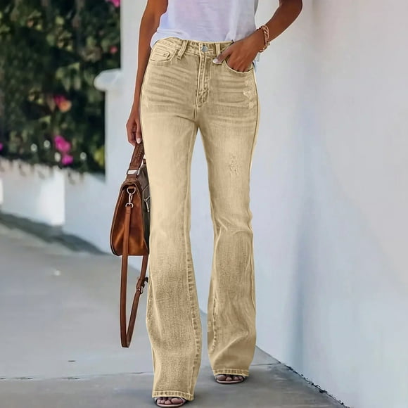 Women's High Waisted Flare Bell Bottom Jeans Stretchy Denim Pants Vintage 70s Retro Wide Leg Trouser Jeans with Distressed Details Yellow M