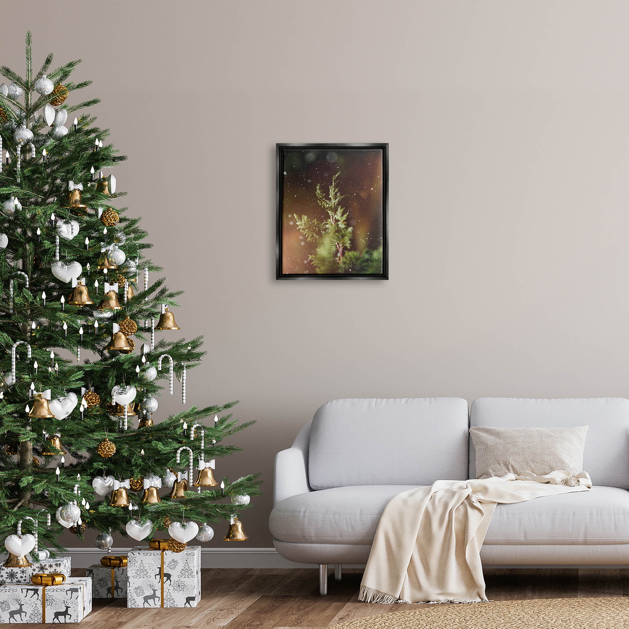 Winter Snowfall Night Pine Tree Holiday Photograph Jet Black Framed Art Print Wall Art