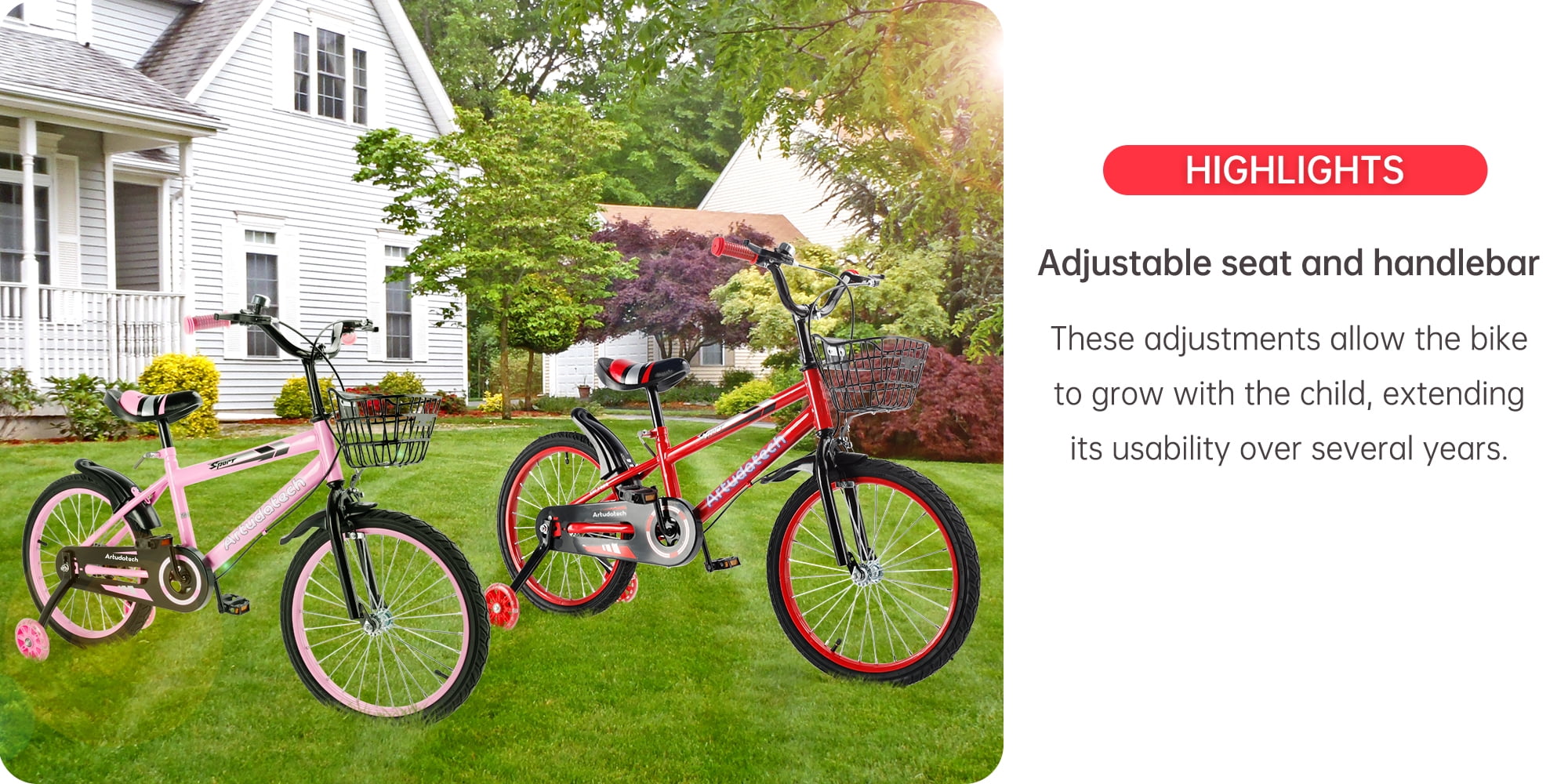 ARTUDATECH 14/16/18 Inch Kids Bike for Ages 3-10 Years Old Boys Girls, Kid's Bikes with Training Wheels, Basket, Dual Brake, Children Bicycle for Kids and Toddler Beginners, Pink/Red