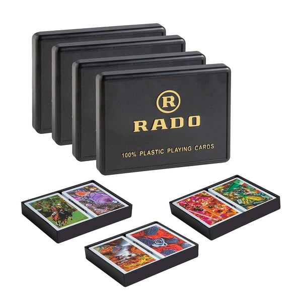 Rado Switzerland Premium Plastic Playing Cards For Adult | Pack Of 8 - 4 Sets Of Twin Packs, Bridge Size, Multicolor Cards Packed In A Two Piece Container, Cards For Card Games, Poker & Rummy