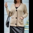thumbnail image 4 of Suéter de Larga con Bloques de Color para Mujer, Abrigo Informal de Otoño con Botones y Bolsillo Caqui L, 4 of 10