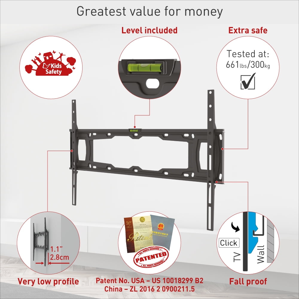 Barkan Fixed TV Wall Mount 32 - 90 inch Low Profile Auto Locking Patent Lifetime Warranty