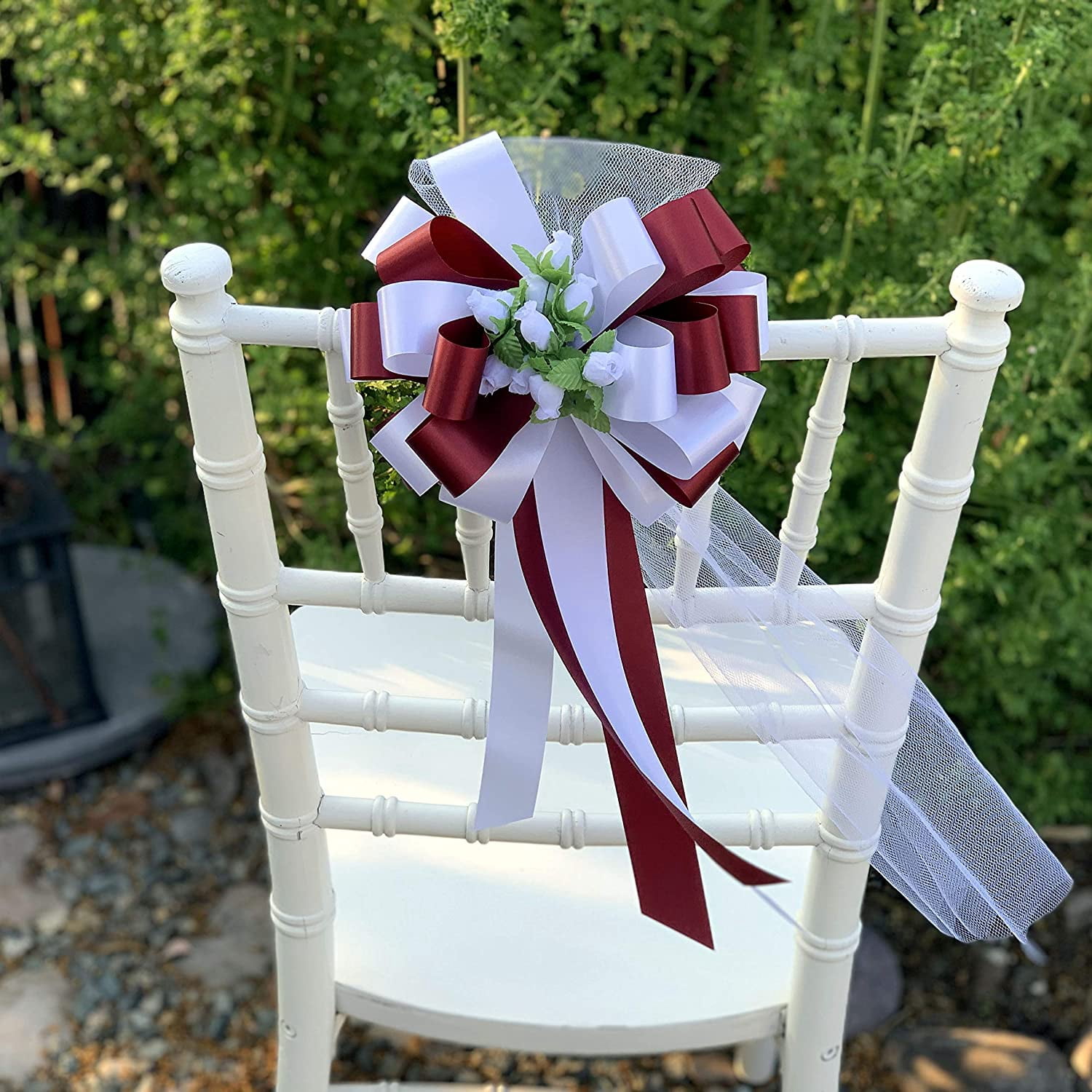 Burgundy and White Wedding Pull Bows with Tulle Tails and Rosebuds - 8" Wide, Set of 6, Pew Bows, Anniversary, Reception, Birthday, Christmas, Valentine's Day