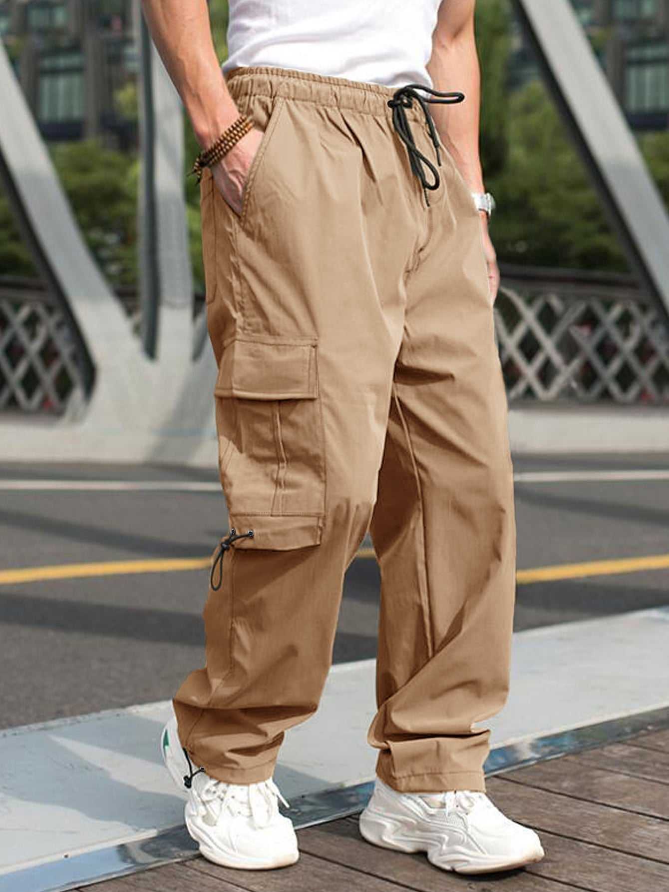 Khaki Casual Men Flap Pocket Side 