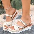 thumbnail image 2 of pwidon Two‑Way Wear Wedge Sandals Women, Rhinestone Crisscross Strap Platform Espadrille Slide Sandals for Summer Casual Beige 38, 2 of 5