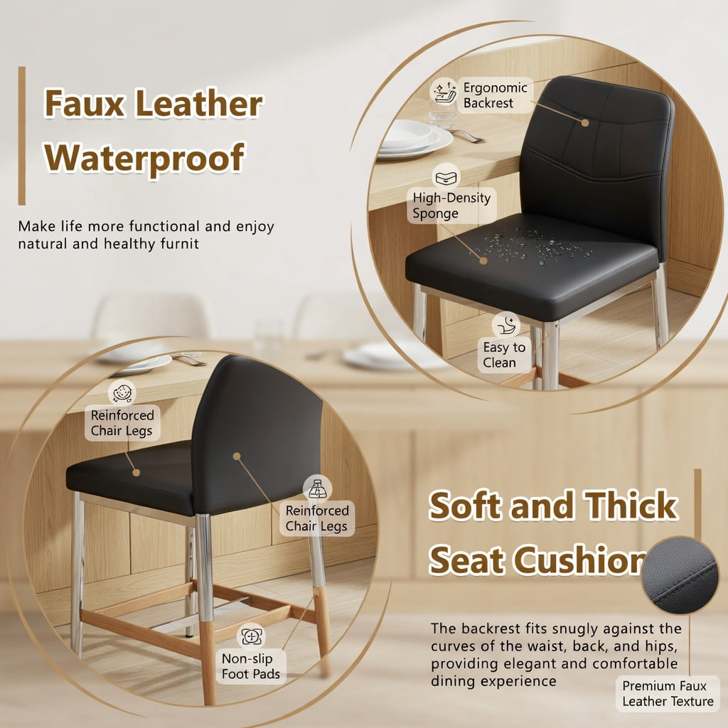 Hommoo Set of 4 Modern Dining Chairs, 37-inch Ergonomic PU Leather Chairs with Sturdy Metal Frame, Adjustable Non-Slip Feet, Easy Assembly, Black & Sliver