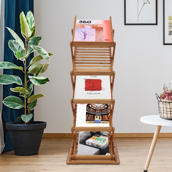 Foldable File Shelf Pop-up Magazine Rack Bamboo Book Stand Anti-slip Pad 5-tier