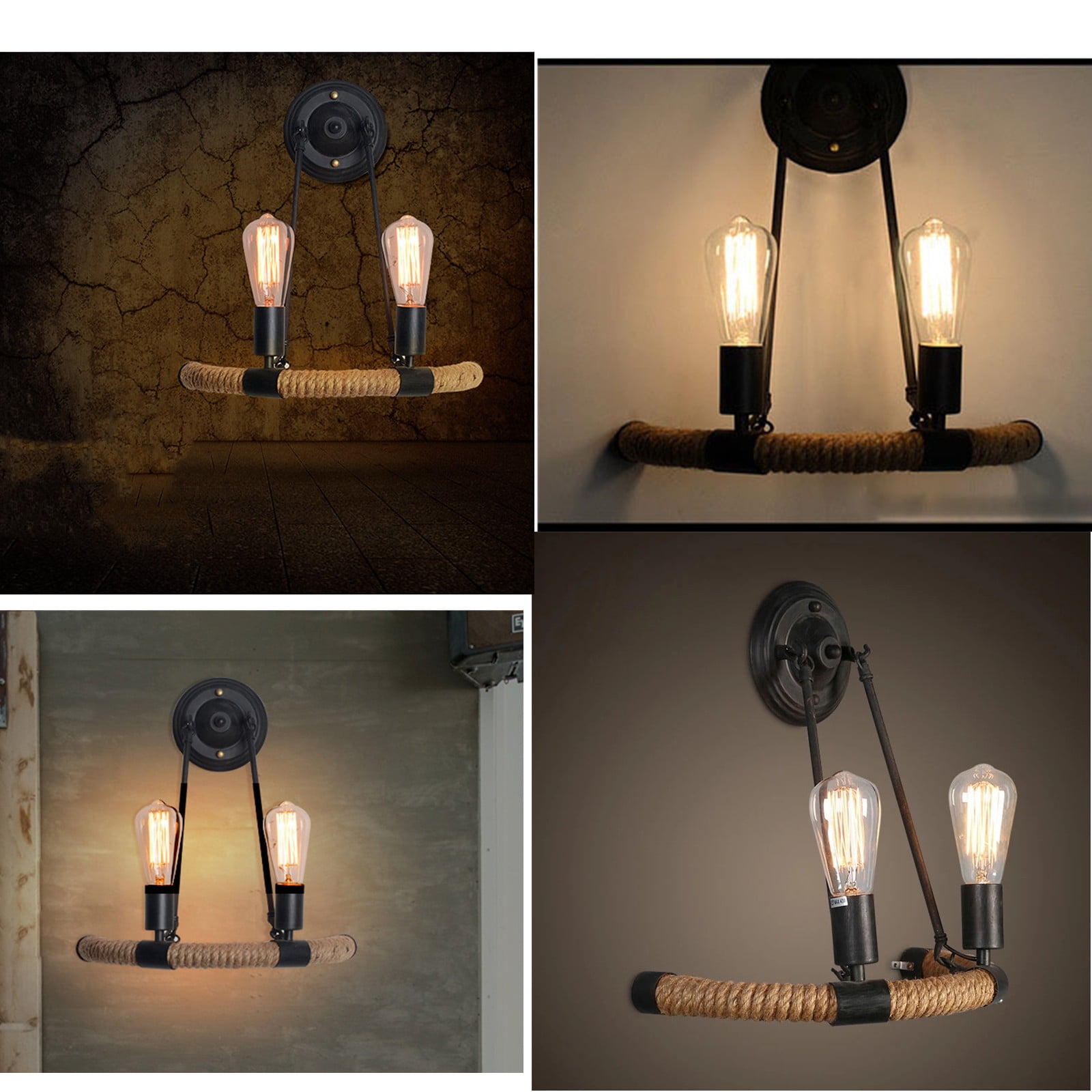 COOBATG Industrial Hemp Rope Wall Sconce, 15.7"x17" Black Metal Dual E27 Vintage Wall Lamp for Bar Hallway Bedroom Decor