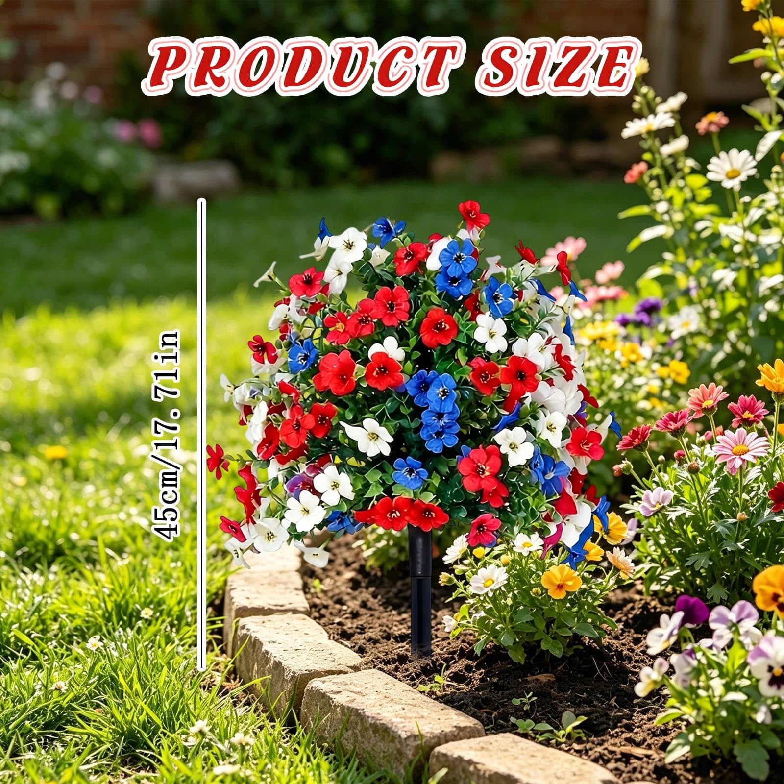 Brenberke 2Pcs 17" Patriotic Artificial Flowers with Ground Spike, UV Resistant Red White Blue Faux Silk Flowers, No Fade Outdoor Grave Garden Porch Decor for 4th of July Memorial Day Veterans Day