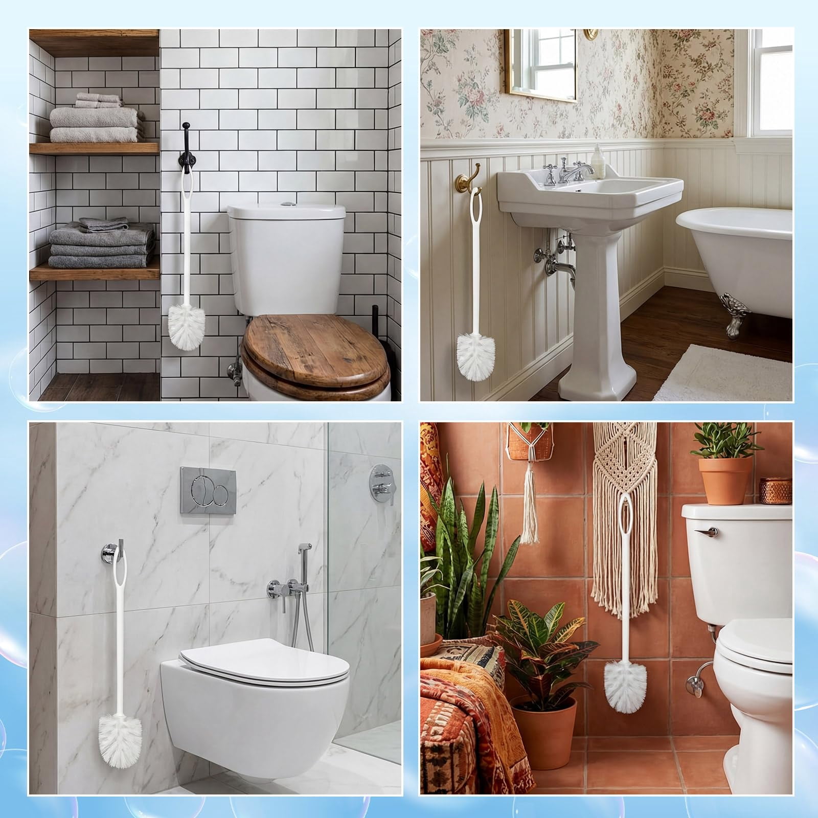 12 17.3 Inch White Toilet Brush Bulk With Hook Hole Long Handle Bowl Cleaner Scrubber For Bathroom Household Cleaning Supplies Christmas Home Gifts