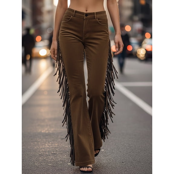 Women's Vintage Western Fringe Flare Pants, High Waisted Slimming Floor-Length Trousers, Fashion Chic Daily Cowgirl Bottoms