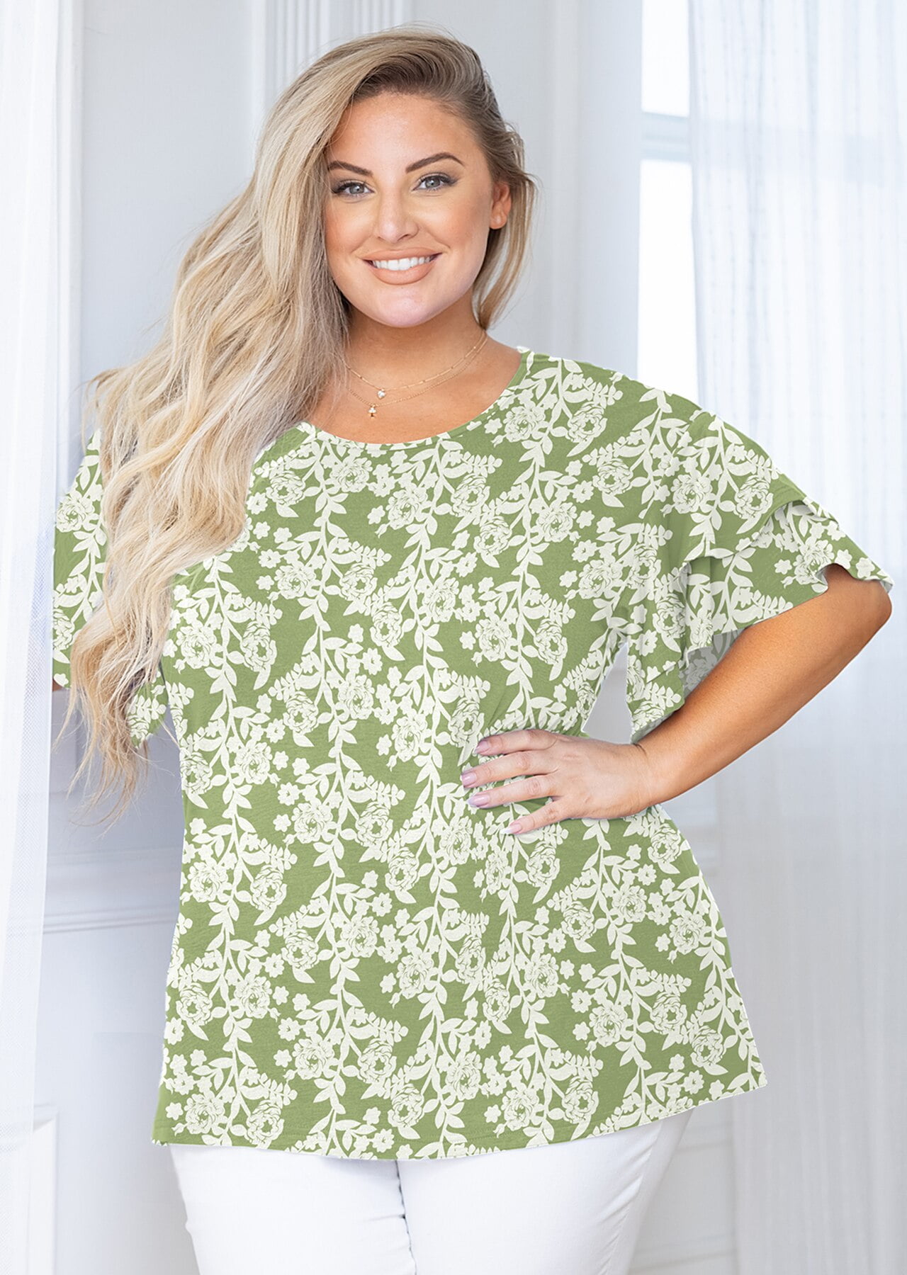 SHOWMALL Plus Size Clothes for Women Short Sleeve Green Roses 1X Tunic  Shirt Summer Tops Blouse Loose Fitting Clothing 