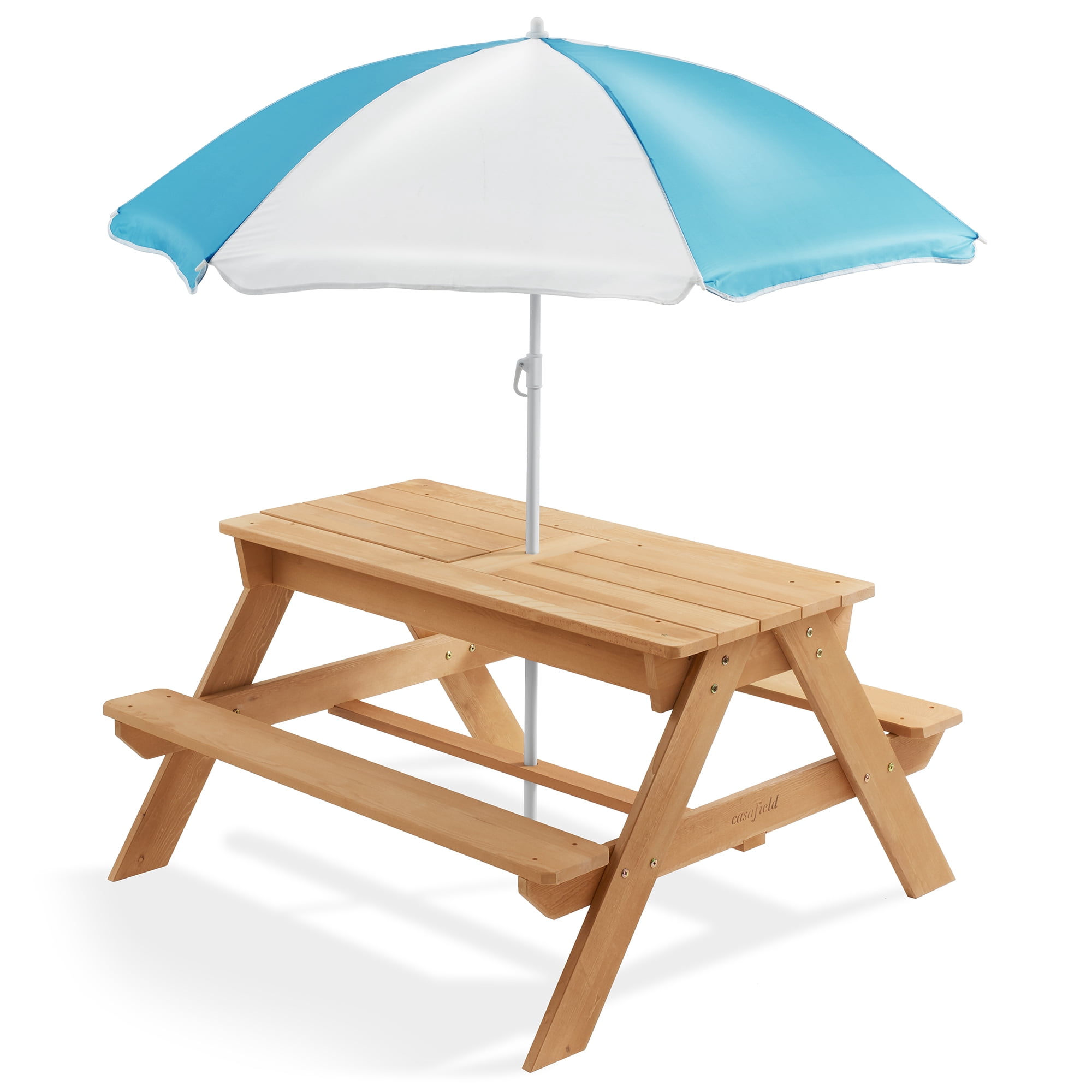 Children's Sand and Water Activity Table, 3-in-1 Wooden Outdoor Picnic Table with Umbrella and Play Boxes
