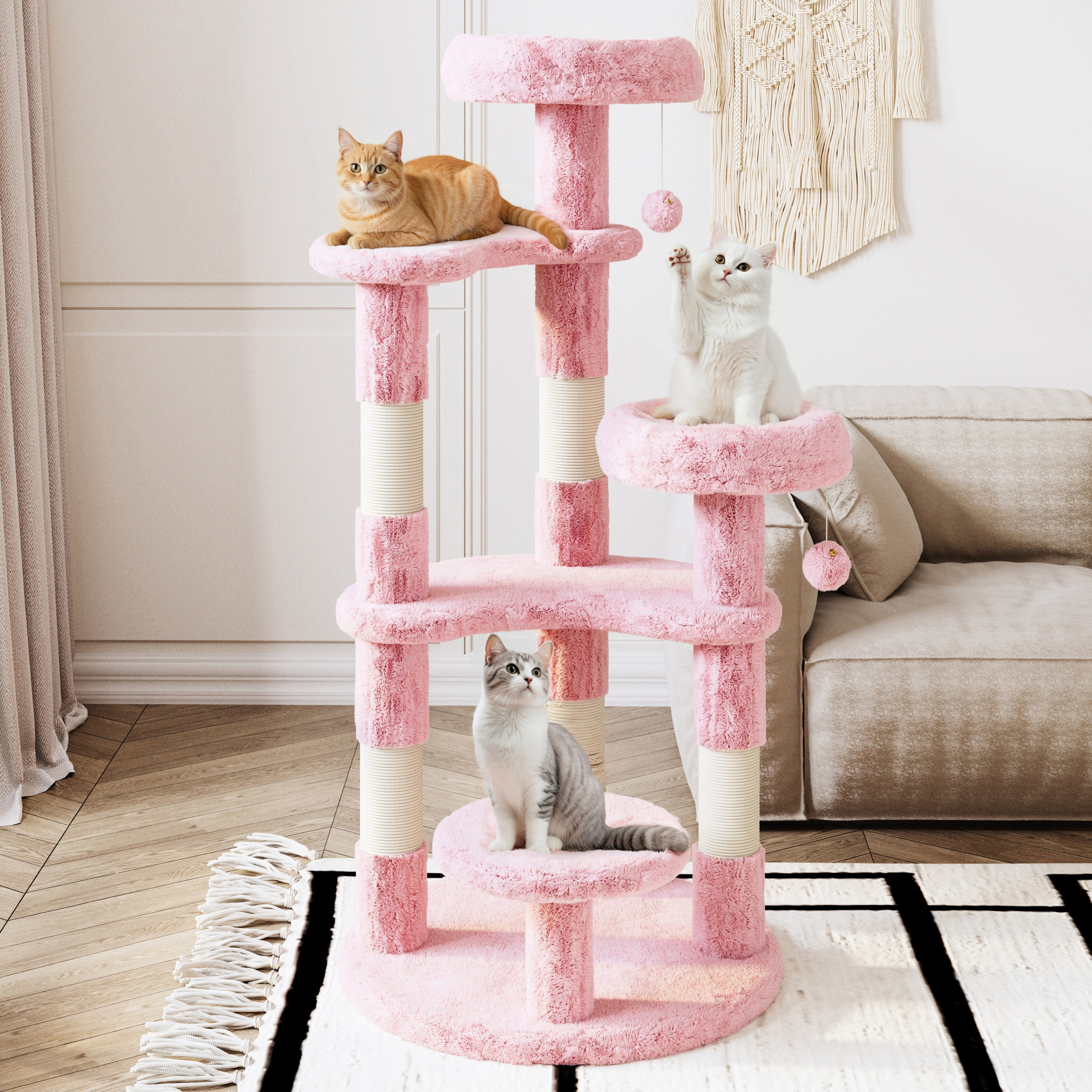 Amolife 55.5" Large Cat Tree and Tower with 5 Scratching Posts, Cat Perches for Indoor Cats and Kittens, Pink