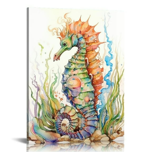 PRATYUS Ocean Seahorse Decor Wall Art Nautical Coastal Wall Decor Watercolor Seahorse Seashell Pictures Nautical Canvas Painting Framed Artwork for Bathroom Bedroom Living Room 16x20 in/12x16 in