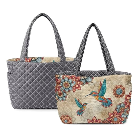 FOR U DESIGNS Boho Mandala Hummingbird Print Tote Bag for Women Quilted Lightweight Tote Handbag with Pockets Reversible Two Tone Shoulder Bag Large Capacity Top Handle Purse for School Gym Travel