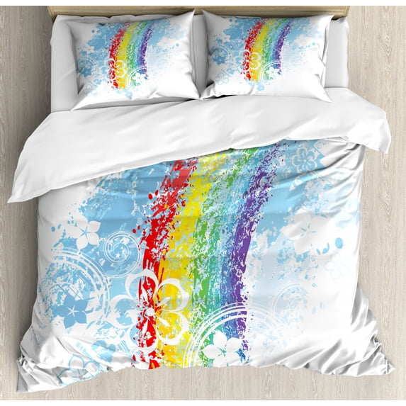 Rainbow Duvet Cover Set King Size, Creative Childish Art Illustration of Grungy Colorful Lines and Flowers Print, Decorative 3 Piece Bedding Set with 2 Pillow Shams, Multicolor, by Ambesonne