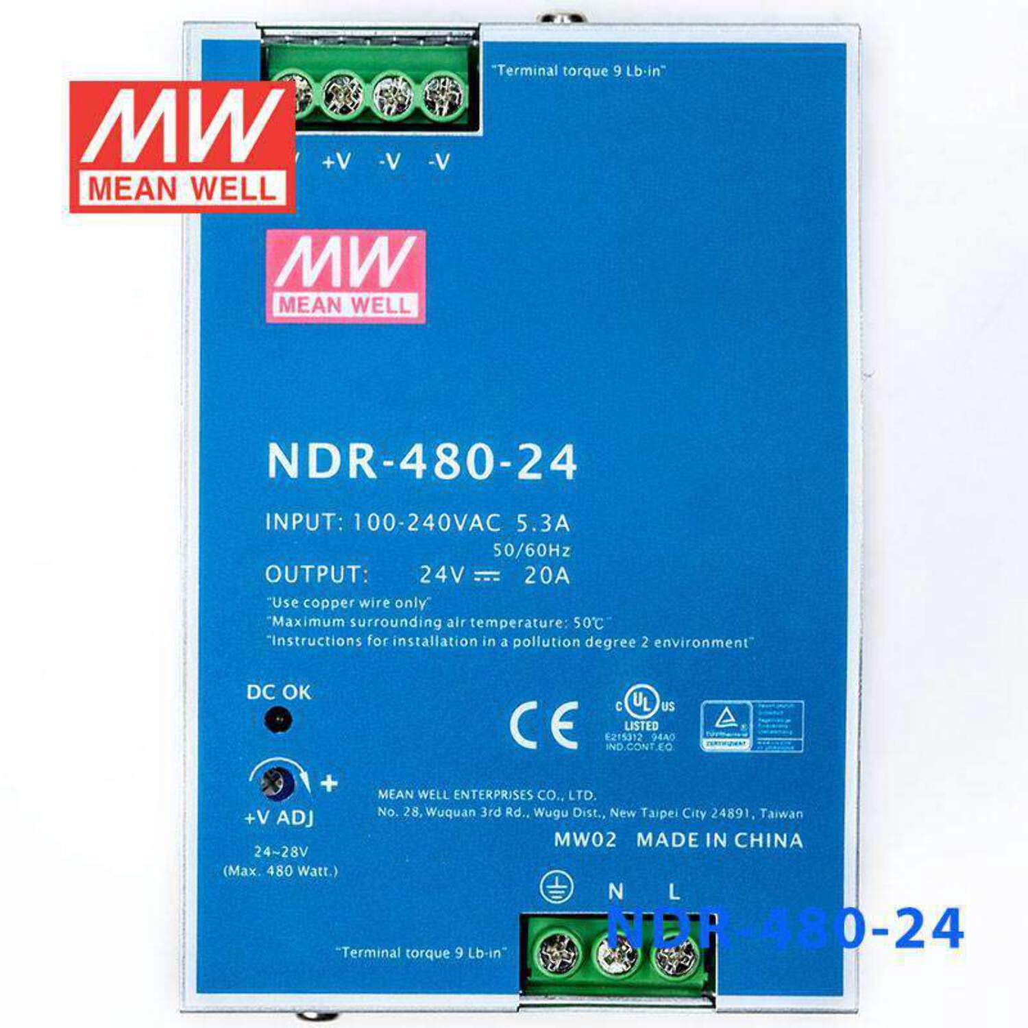 Mean Well NDR-480-24 Single Output Industrial Power Supply 480W 24V - DIN Rail