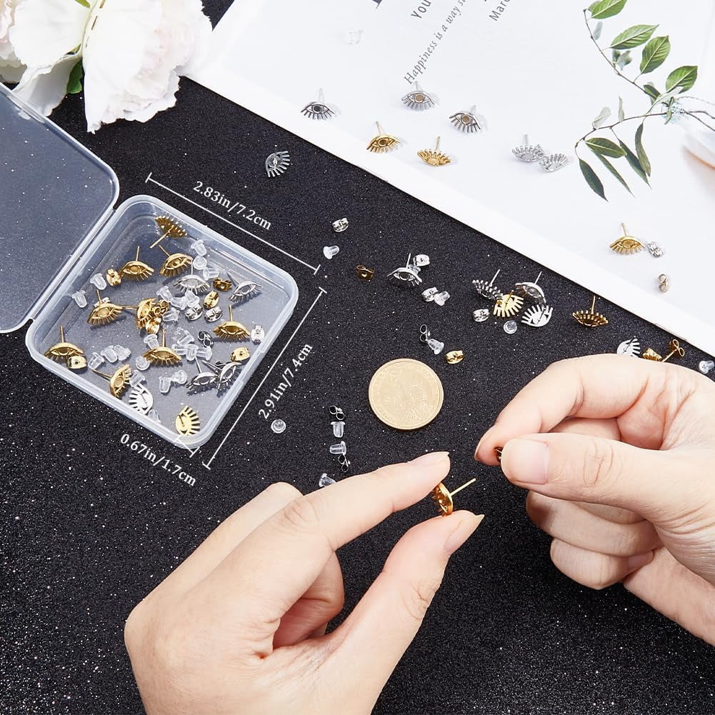 1box 18 Pairs 2 colors 304 Stainless Steel Eye Stud Earring Finding Earring Settings with Round Tray Golden & Stainless Steel color 8.5x13mm Pin: 0.9mm Tray: 3mm 9 Pairs/color