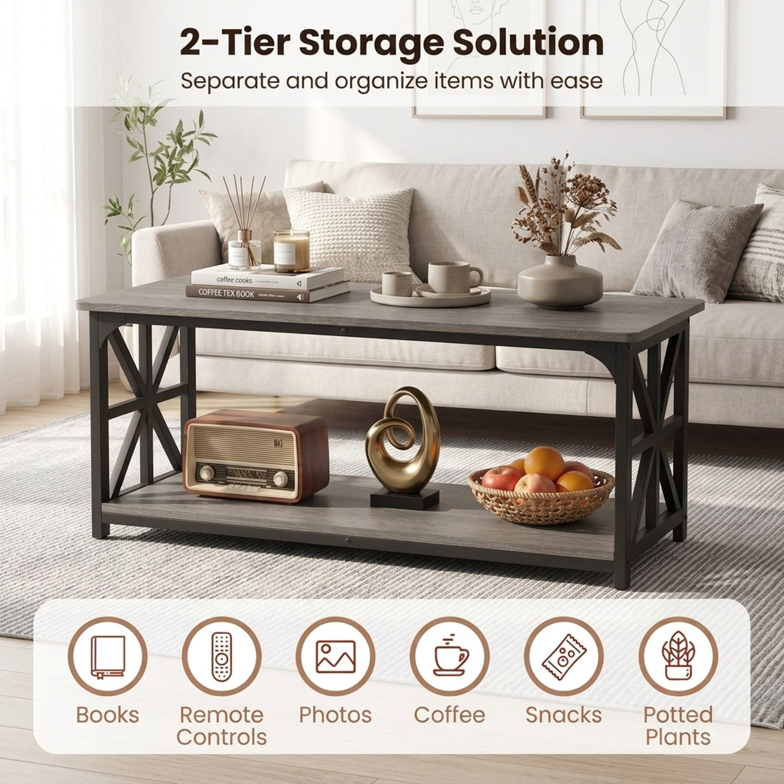 Furnibear 2-Tier Center Coffee Table with Bottom Storage Shelf and Carbon Steel X-Frame for Living Room and Home Office, Rustic, Oak