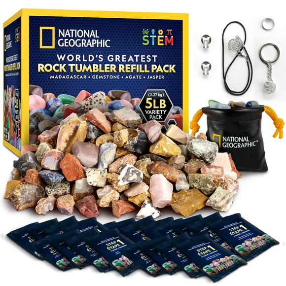 National Geographic Rock Tumbler Refill Kit - 5 lb. Mix of Rocks for Tumbling and Rough Gemstones - Rock Tumbler Supplies Include Rock Tumbler Grit and Polish Refill, and Unpoli