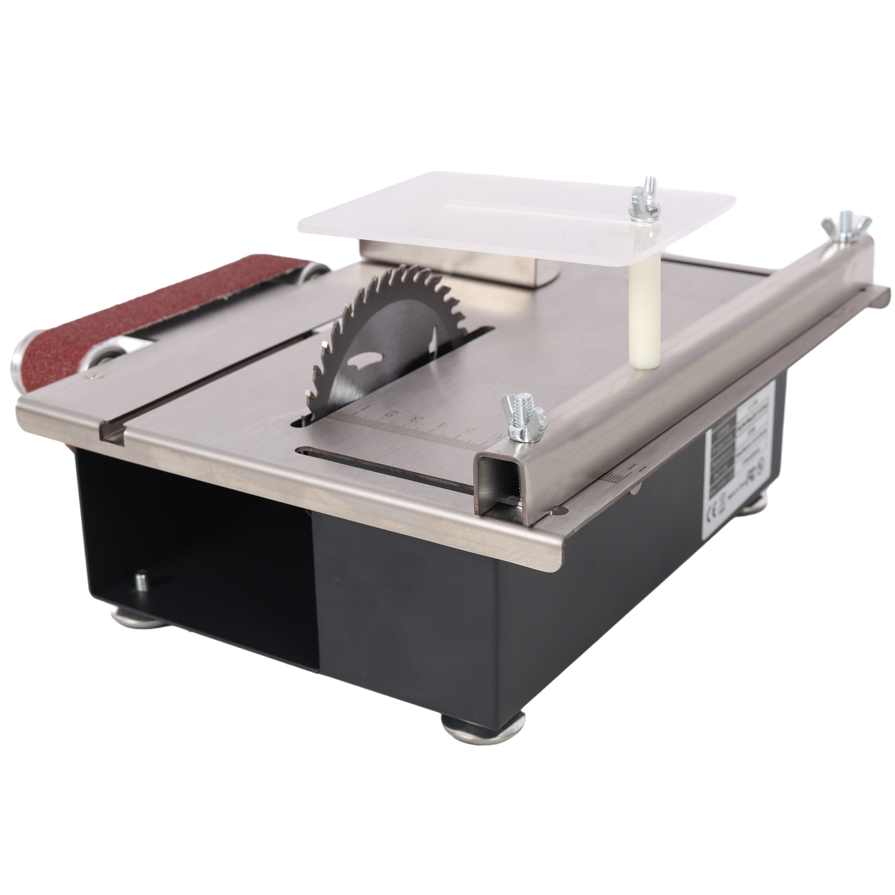 Power Drill, Mini Table Saw,Belt Sander, stainless steel top,4pcs Blades,10pcs Sanding Blet,7 Gear Adjustable 0-90° Angle, Available for Wood/PCB/Acrylic/Plastic,DIY Model Crafts Cutting Tool