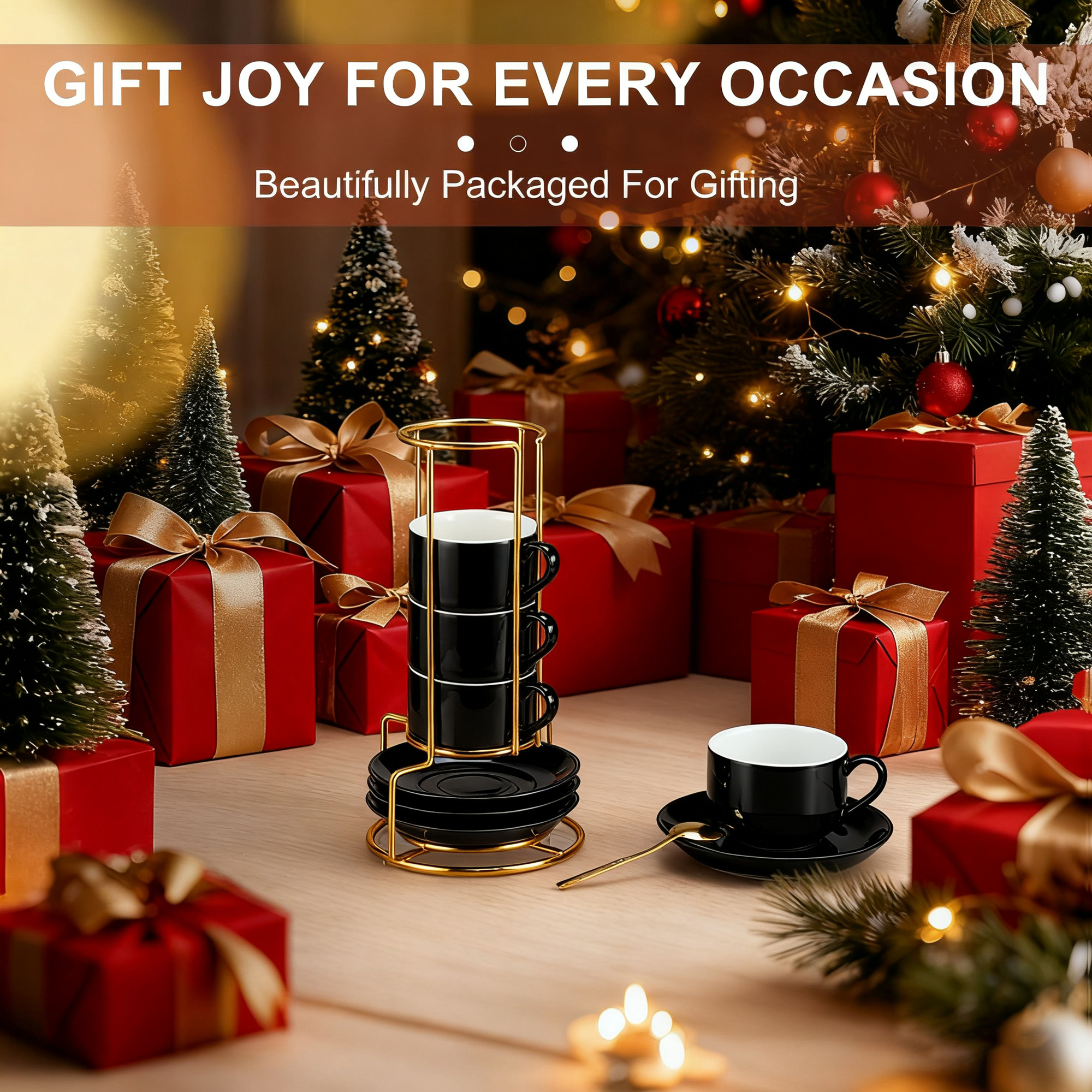 Unique Bargains 3 Ounce Espresso Cups Set of 4 Stackable Demitasse Mugs Includes Display Stand Cups Saucers and Spoons for Machines & Home Use Black Gold Tone