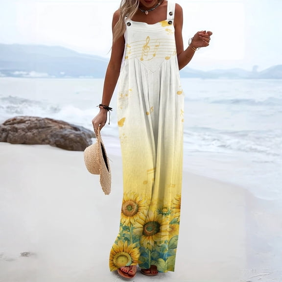 Women's Summer Boho Casual Jumpsuits Wide Leg Overalls Floral Print Baggy Rompers with Pockets Yellow 2XL