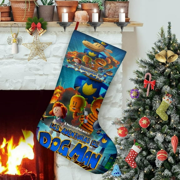 Dog Man-theme Christmas Stockings，Fine white linen for Stairs Fireplace Hanging Xmas Home Decor Christmas gift17.7"X12.6"(45cm×32cm)