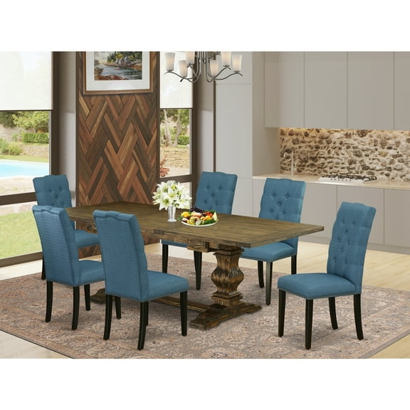 7-Piece Medieval Dining Set - Kitchen Table with 6 Linen Fabric Chairs - Distressed Jacobean Finish