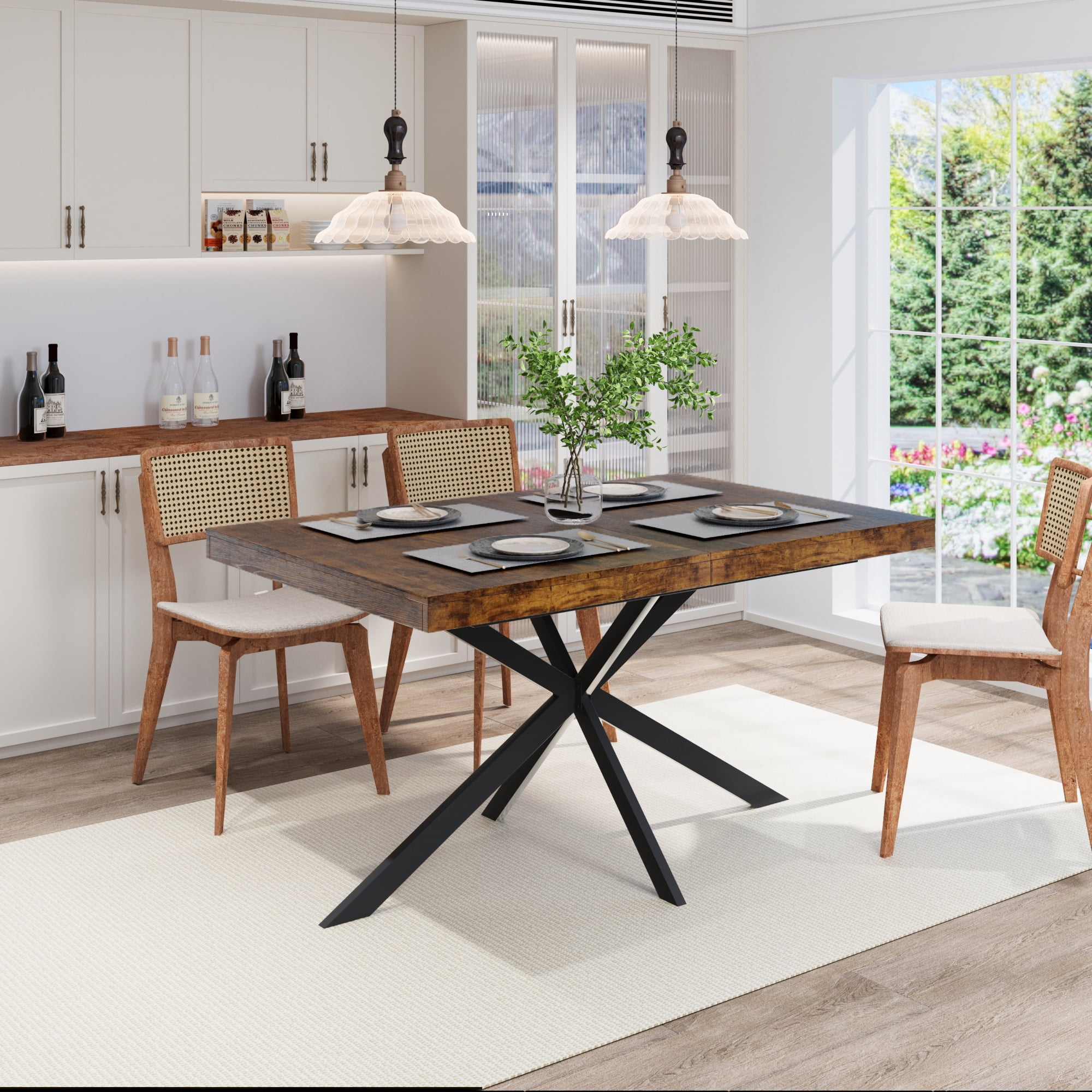 BSHTI 55.11"-70.86" MDF Extendable Rectangular Dining Table with Metal Base and Storage Box for Kitchen/Dining Room（Brown）