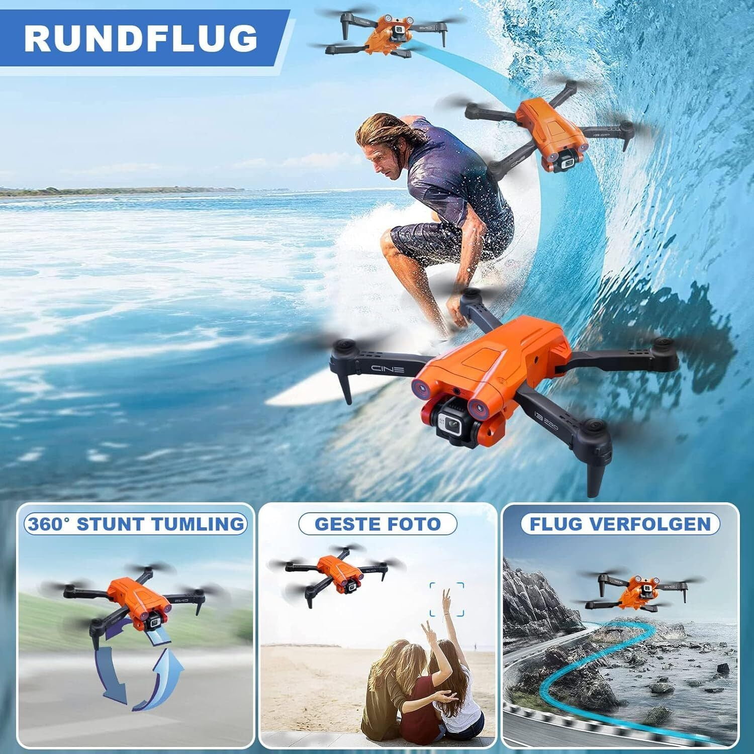 TOPCHANCES I3 PRO FPV Drone with 4K Dual Cameras, RC Quadcopter for Kids Adults with Altitude Hold, One Key Landing, Obstacle Avoidance, Headless Mode, 2 Batteries (Orange)