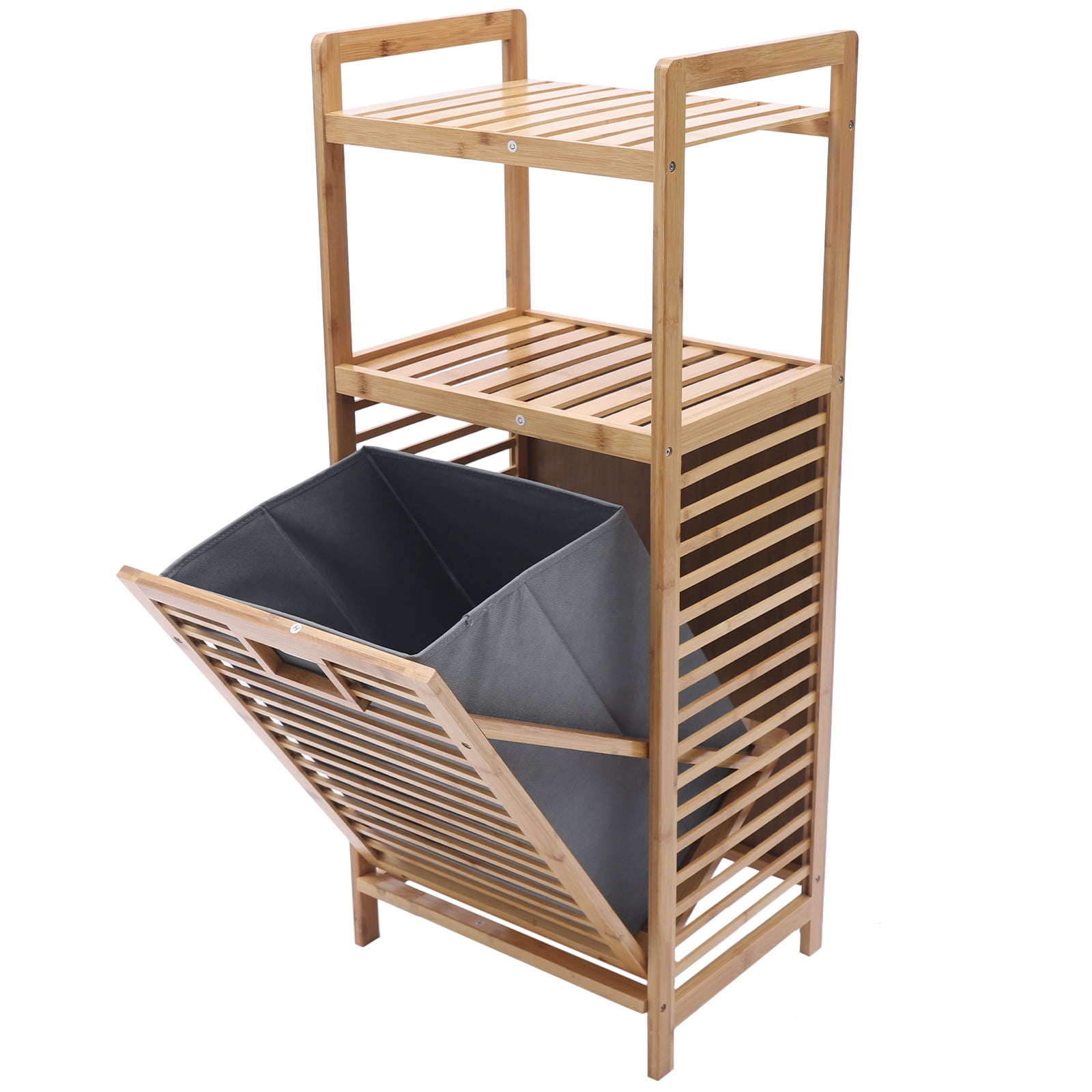Miumaeov Laundry Hamper Bamboo Laundry Basket with Liner Bag Storage Hamper with Handles 2-Tier Shelves Laundry Room Shelves for Bathroom Living Room Bedroom