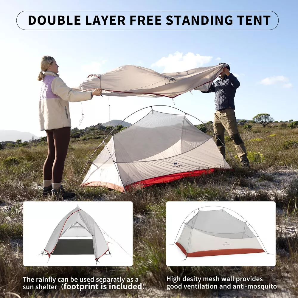 Naturehike 2 Person Tent Lightweight Backpacking Tent with Footprint - Free Standing Ultralight Camping Hiking Backpack Tents, 7.22×5.25ft, Gray