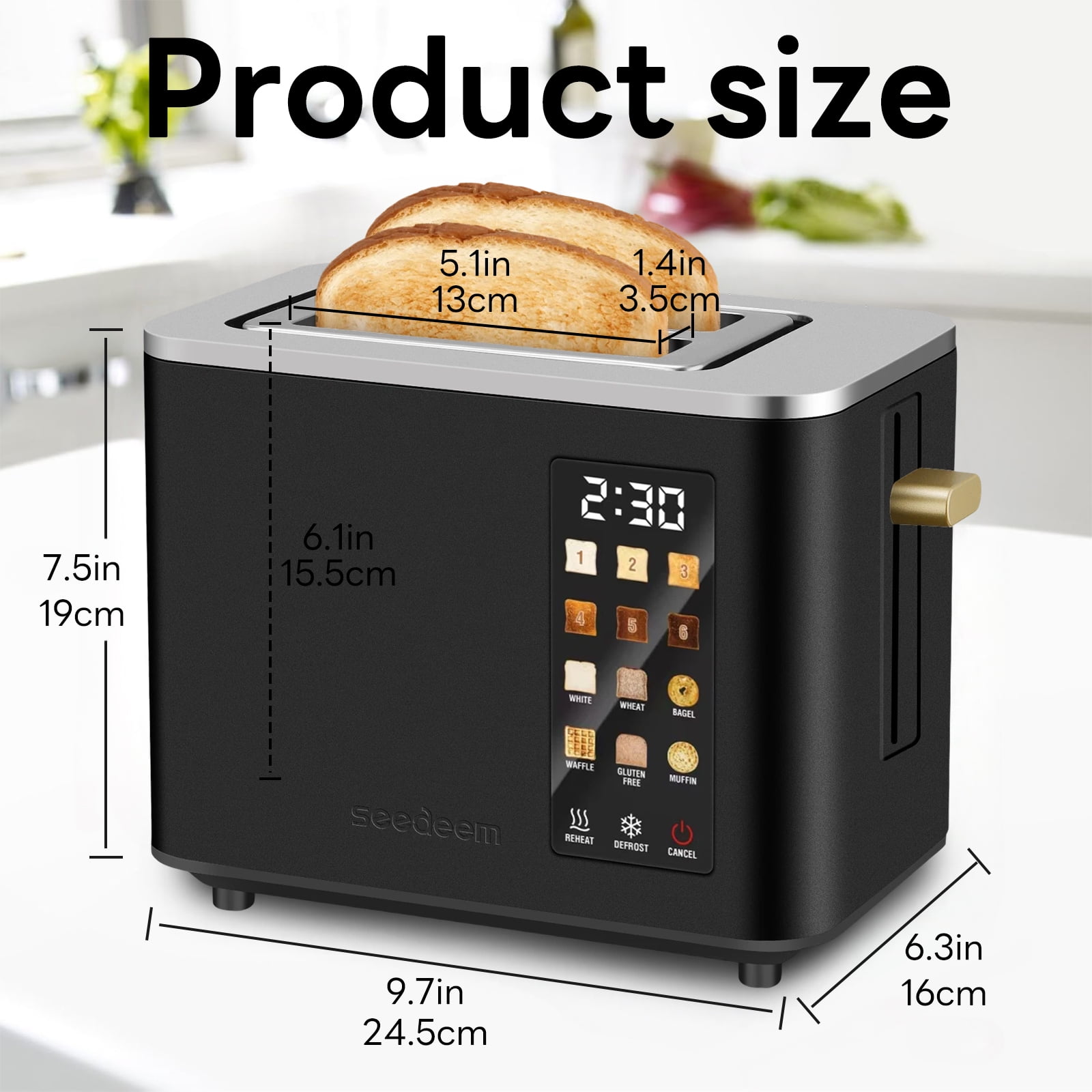 2 Slice-Toaster,Touch Control LCD Screen,6 Shade Setting & Bread Selection,Removable Crumb Tray,Stainless Steel,900W,Black