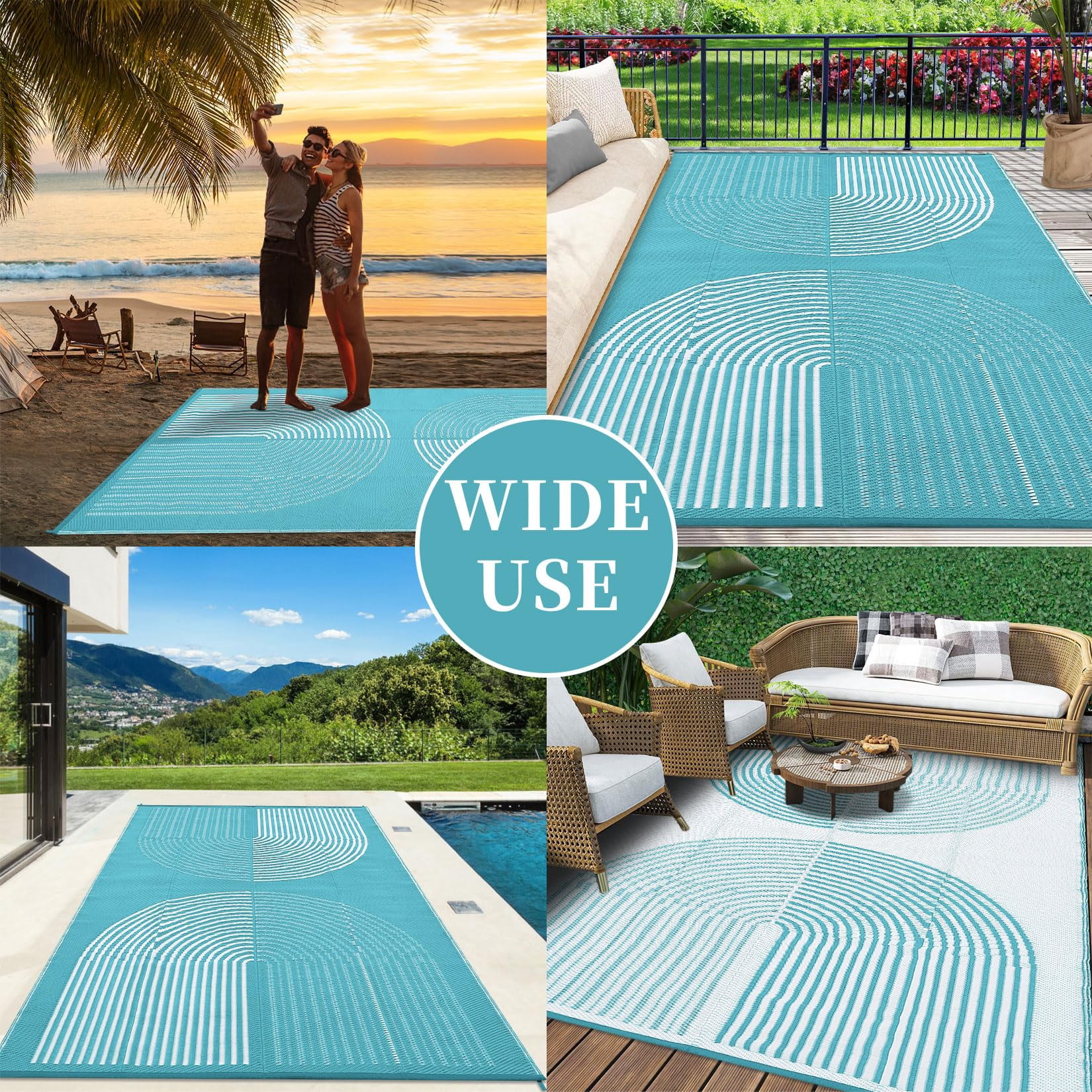 Kicctian Outdoor Rug 6x9 ft Waterproof Plastic Straw Rug for Patio, UV Resistant Reversible Floor Carpet Outside Portable RV Camping Pat for Balcony, Porch, Backyard, Light Blue & White